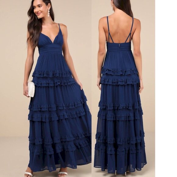 Lavish Perfection Navy Blue Ruffled Tiered Maxi Dress Size Small New NWT - Picture 2 of 6